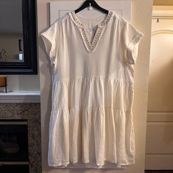 NWT Chico’s Linen Embellished Cap Sleeve Short Dress Tiered XXL / 20-22 Cream - Picture 2 of 11
